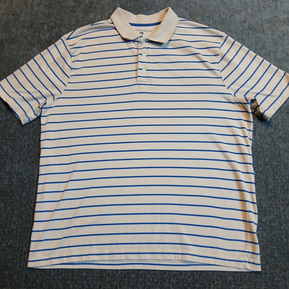Saddlebred Mens Large Polo Shirt Blue Cream Striped Short Sleeve Cotton Blend